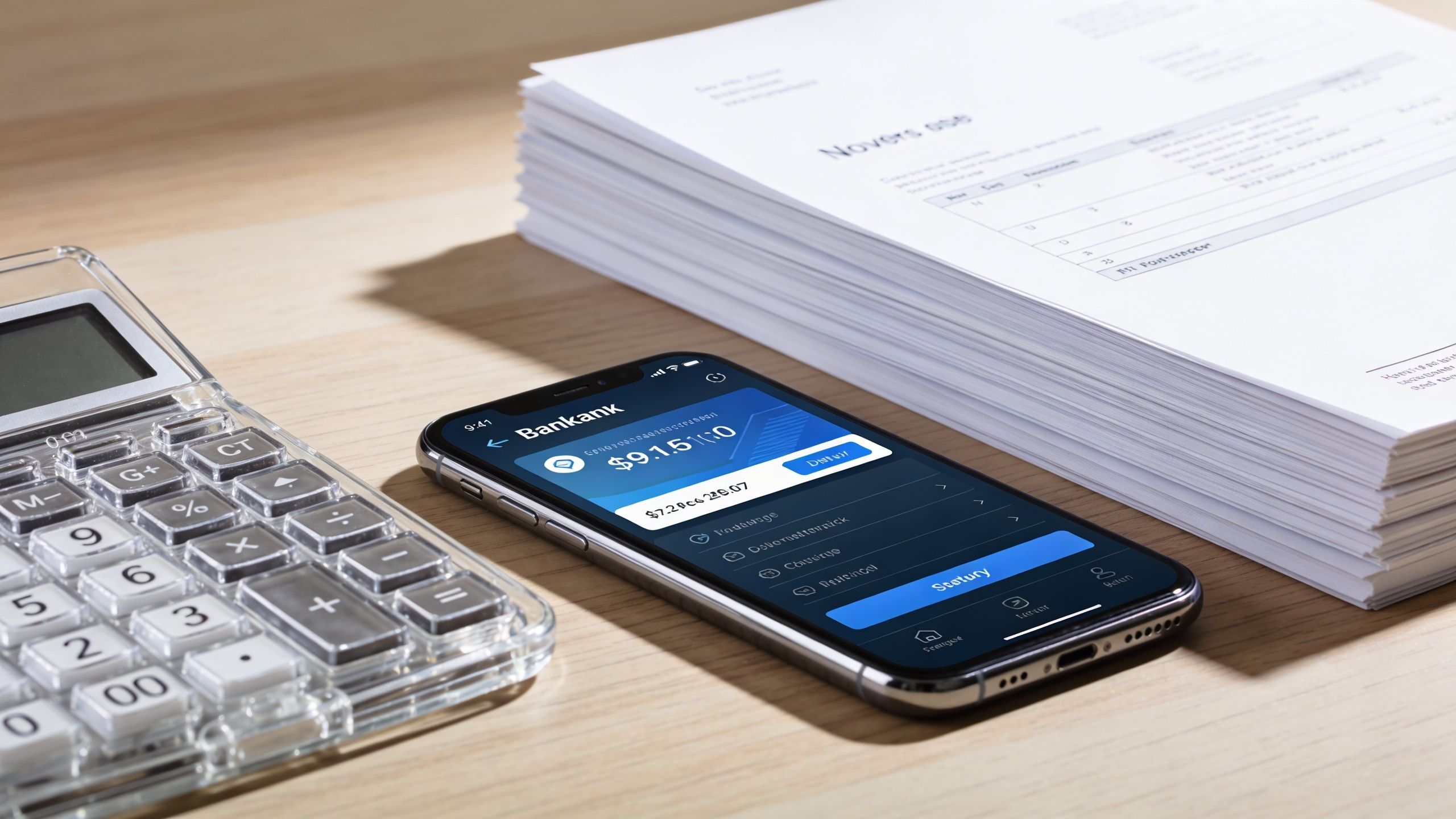 A smartphone showing a banking app with balance information next to a calculator and a stack of papers.