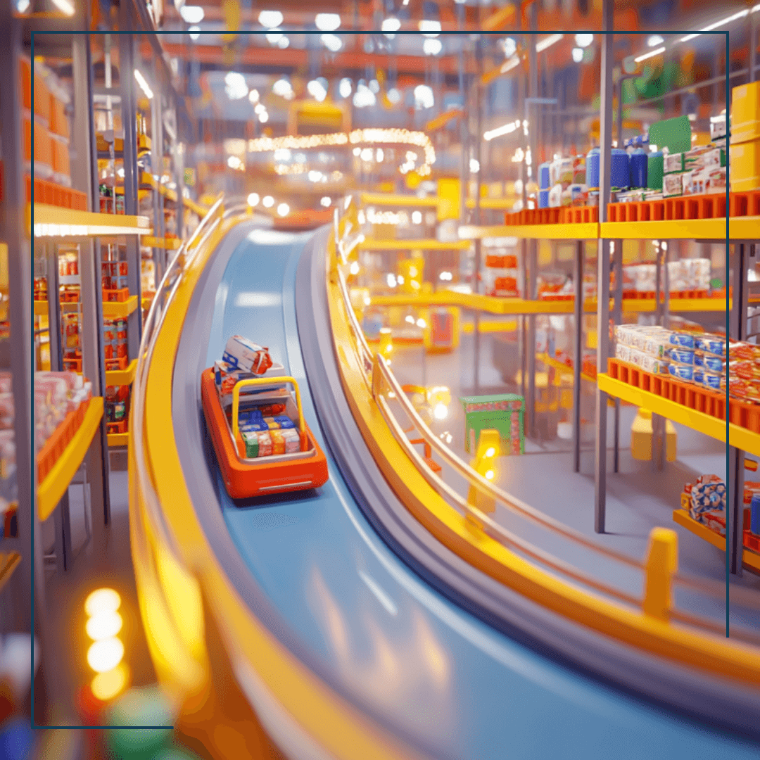 Bunten Lagerhaus mit Förderband