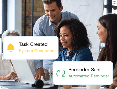 Team collaborating around laptops with notifications reading “Task Created” and “Reminder Sent,” representing automated task management.