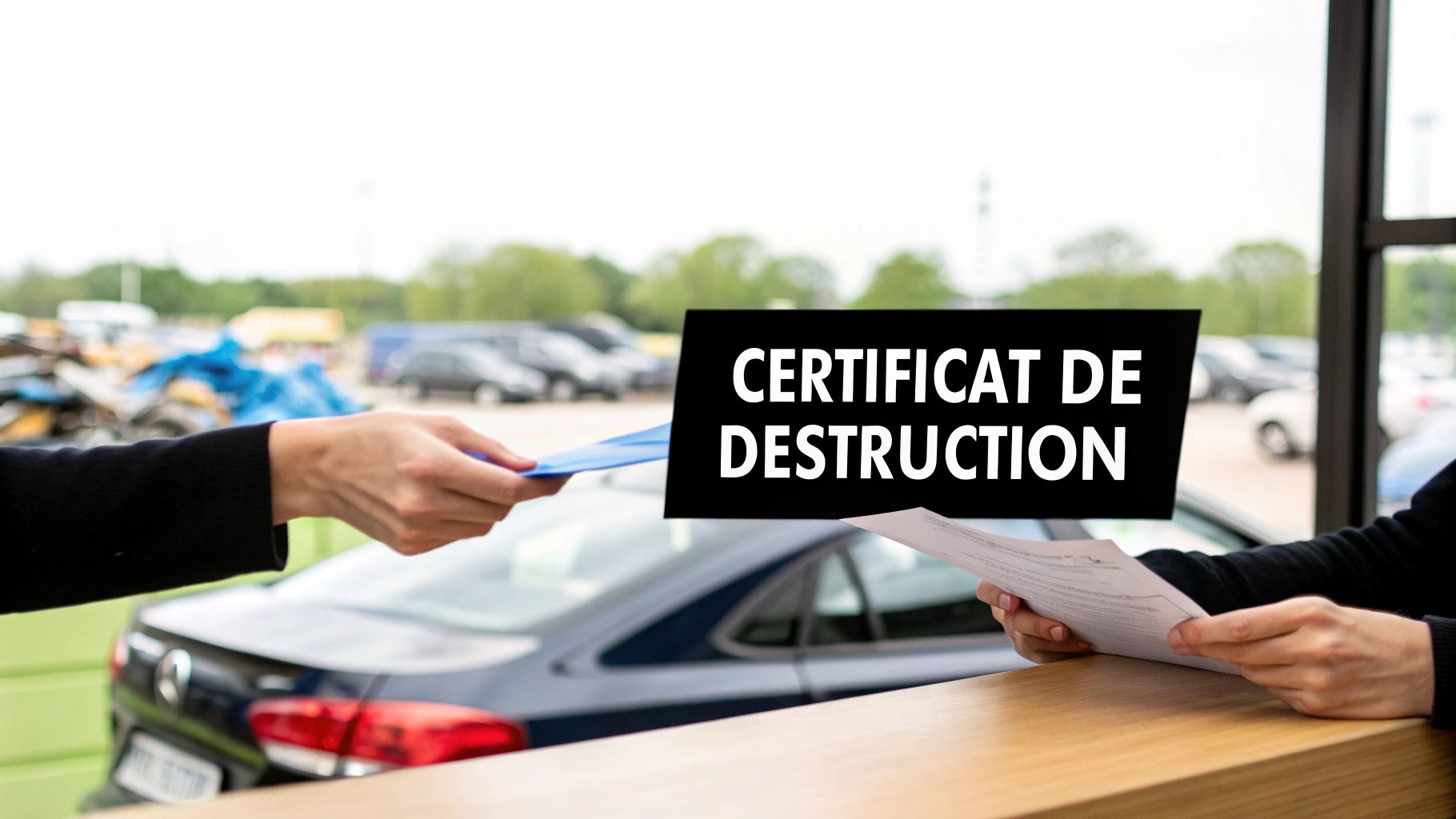 Mains échangeant un certificat de destruction de véhicule, avec des voitures à l'arrière-plan.