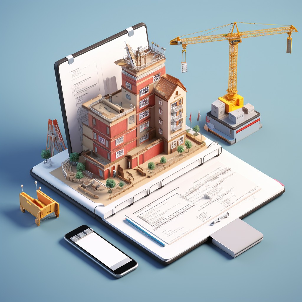 KI-generierte Grafik eines Hauses mit Baustelle, das aus einem Laptop herauswächst