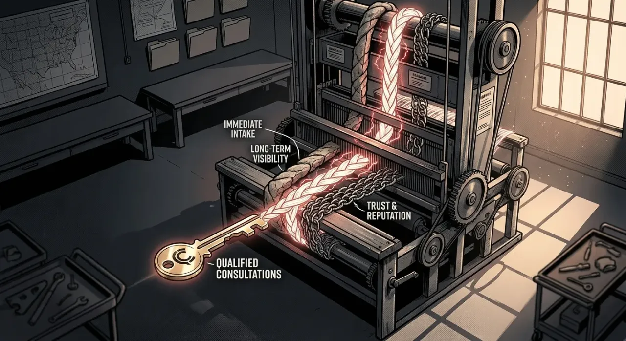 Antique machine weaving glowing strands, symbolizing RockN' Socials Digital Marketing.