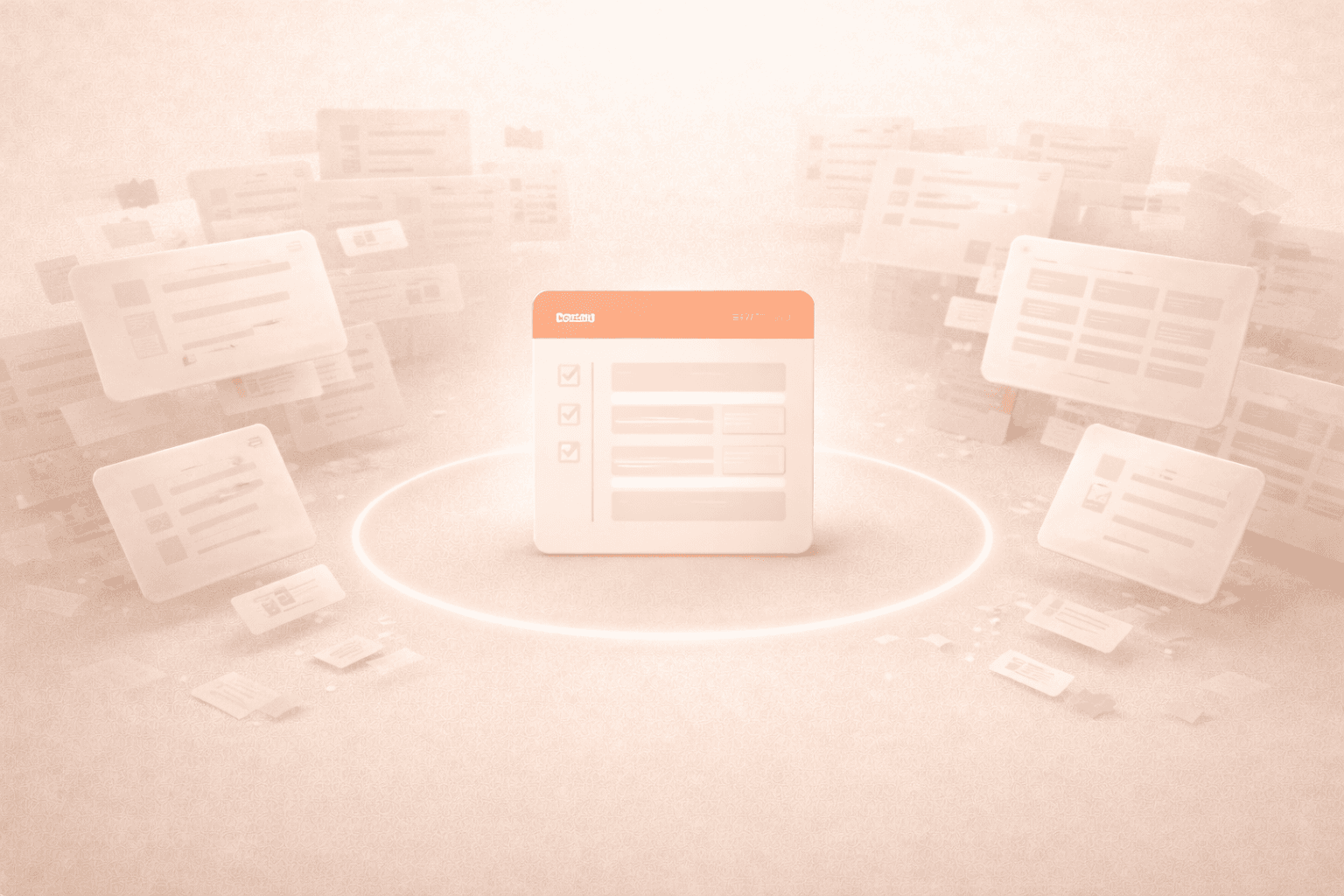 Minimalistische 3D-Illustration auf cremebeigem Hintergrund mit einer zentralen, korallorangenen Arbeitskarte im Fokus, umgeben von verblassenden, transparenten UI-Elementen und Datenbank-Kacheln, die Organisations-Overwhelm und bewusste Fokusentscheidung darstellen.