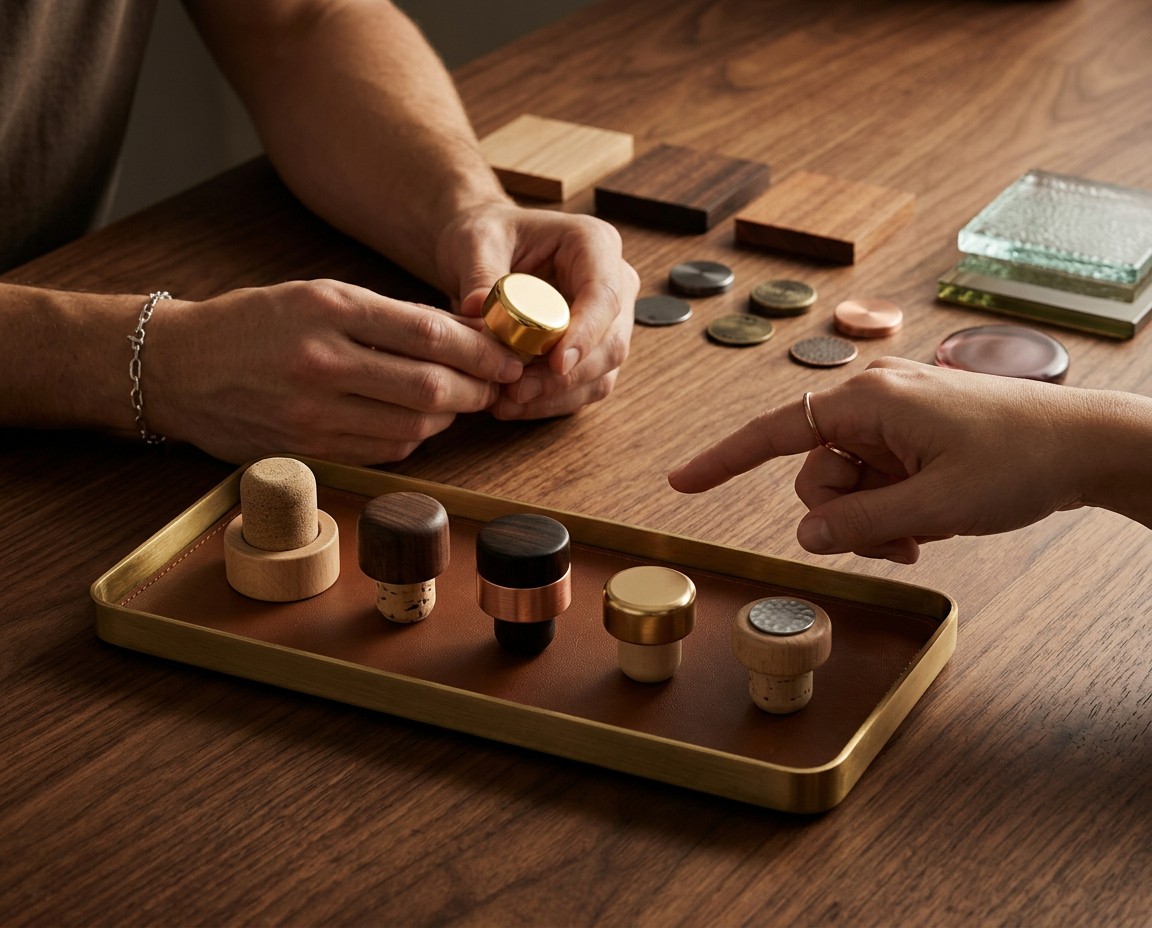 Selection of luxury spirits packaging featuring T-top stoppers, cork stoppers, and sustainable closures on a wooden table.