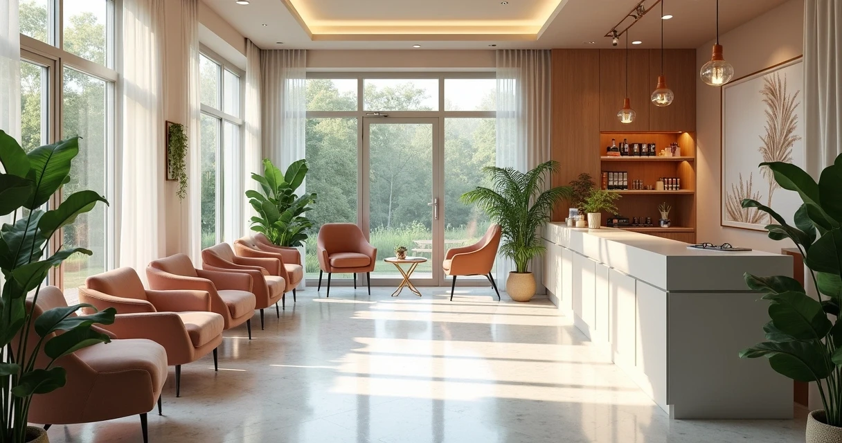 Recepção de salão de beleza com plantas e luz natural
