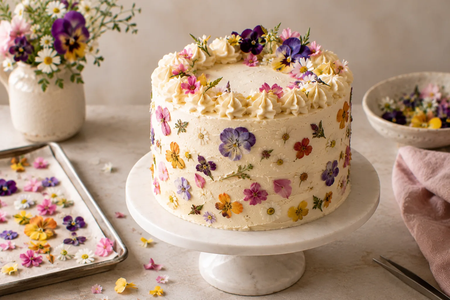 Cake decorated with pressed edible flowers