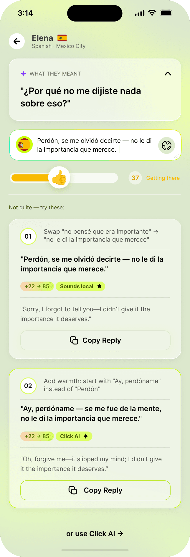 Click AI app screen showing message analysis and reply suggestions