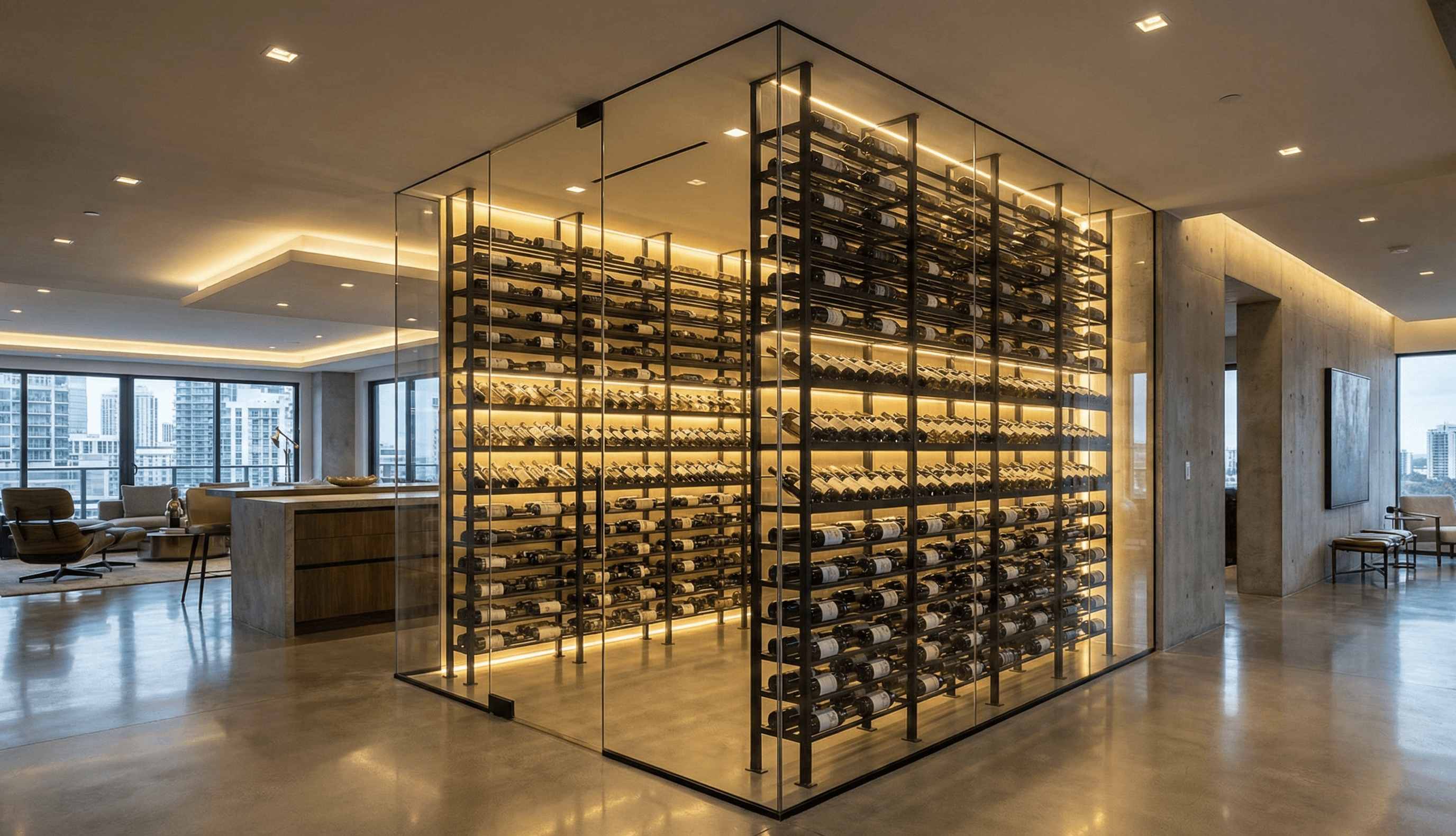 Modern glass-enclosed wine cellar with floor-to-ceiling metal racking and warm backlighting, showcased as a centerpiece in a luxury high-rise condo with city skyline views