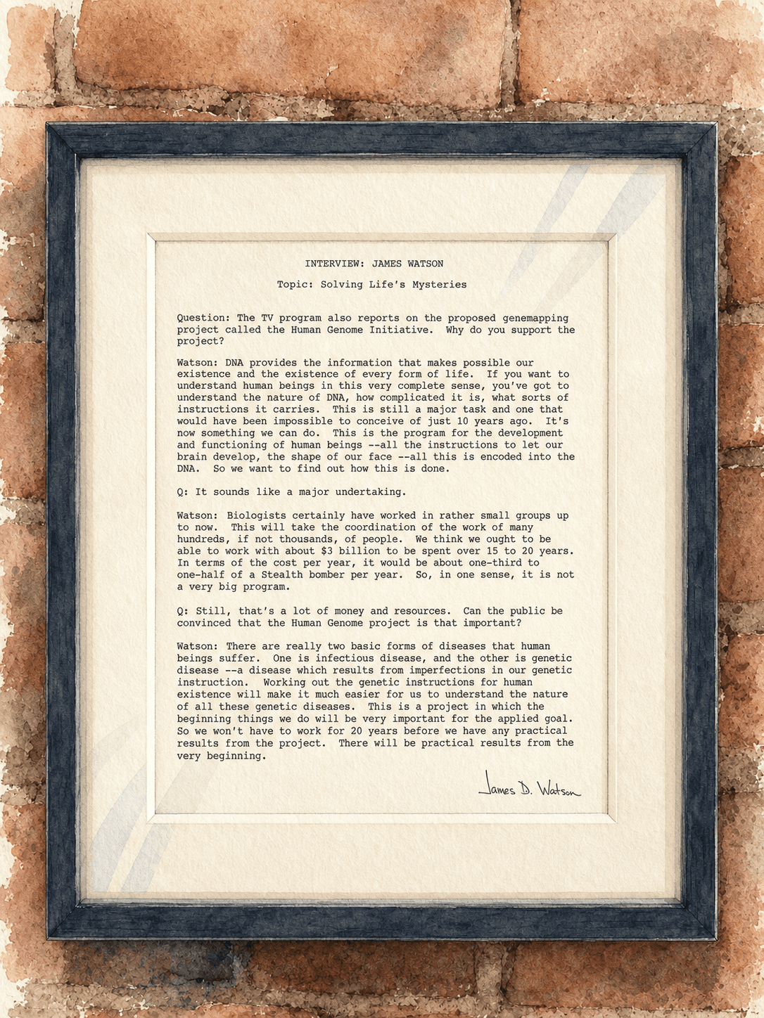 Watercolor rendering of James Watson’s framed Human Genome Initiative interview