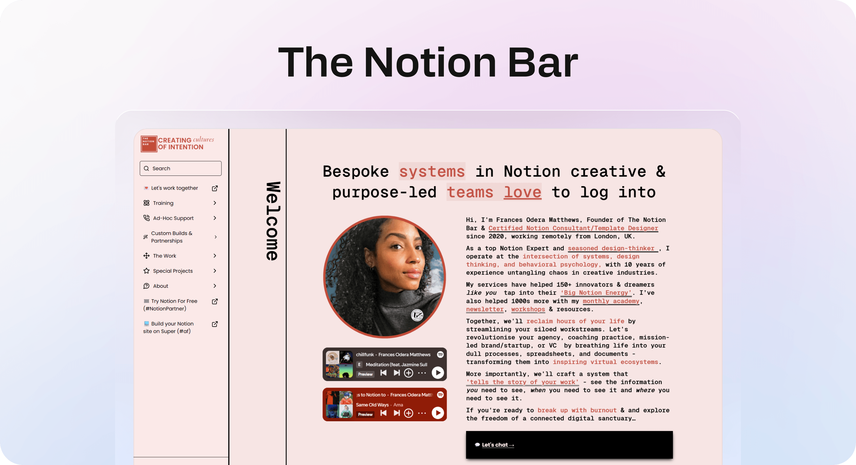 The Notion Bar website showing Notion consulting services, navigation, founder introduction, and branded page design.