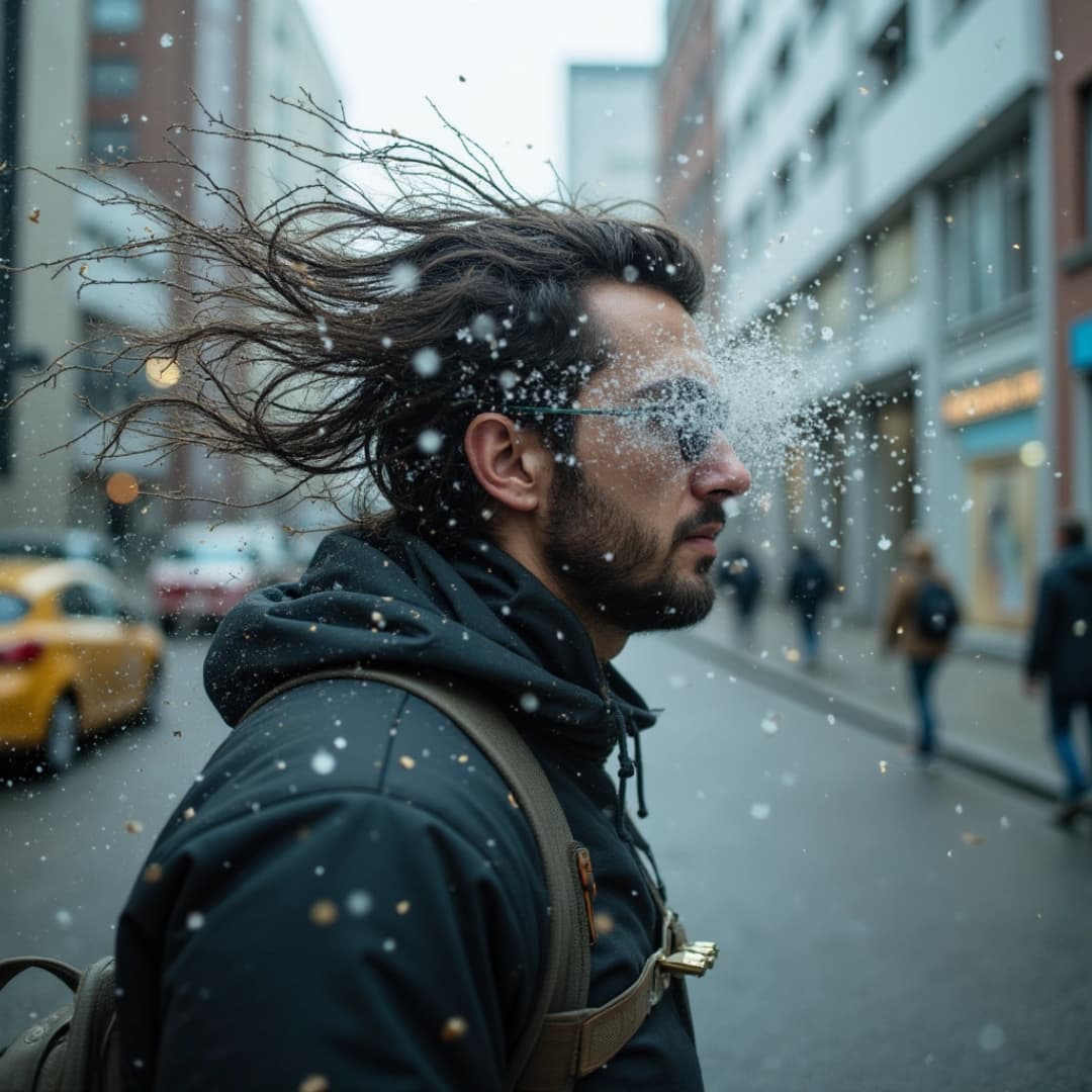 ein mann mit sonnenbrille geht über eine straße, schnee ist in seinem gesicht