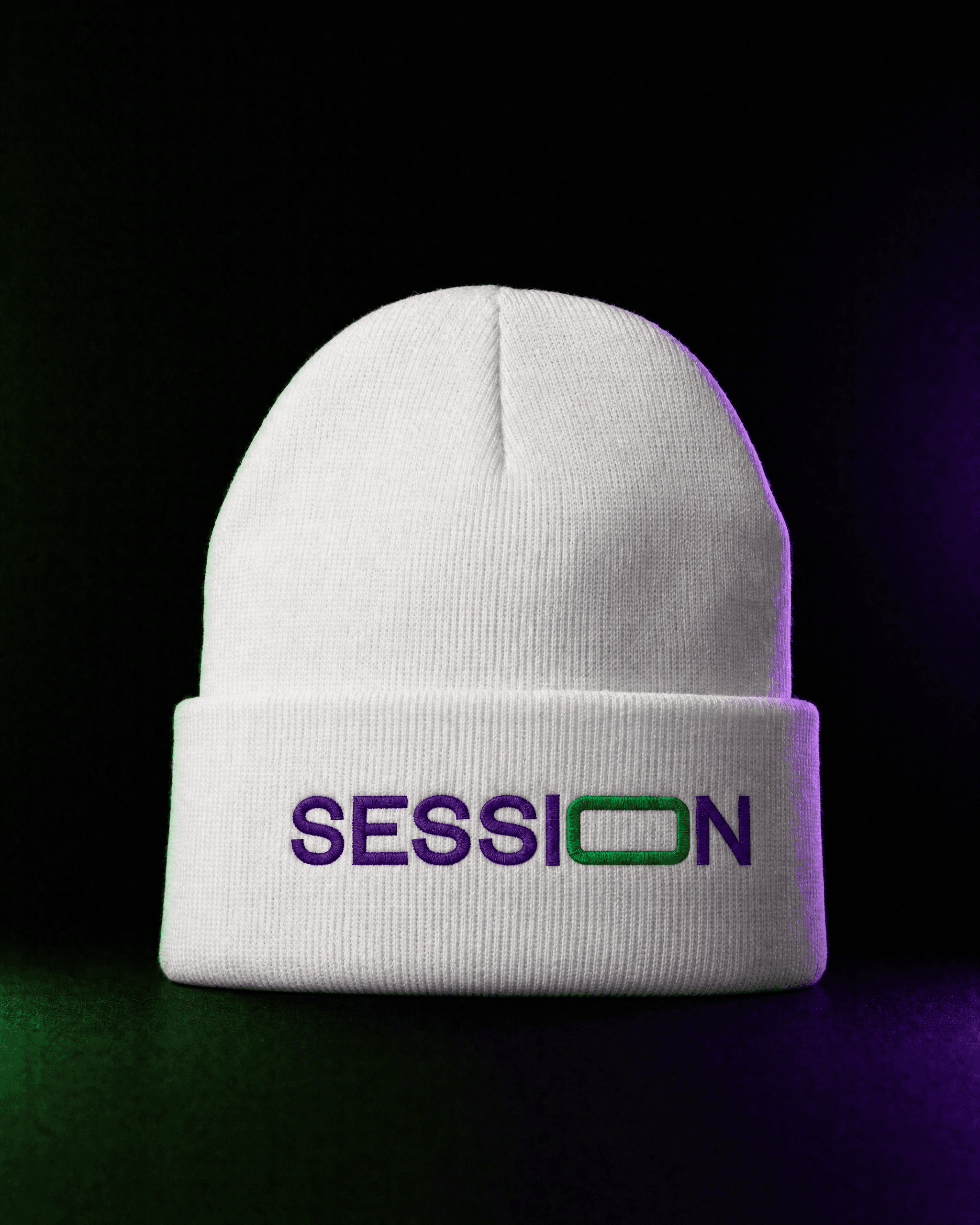 White Session Zone cuffed beanie with a purple-and-green SESSION logo on the front.