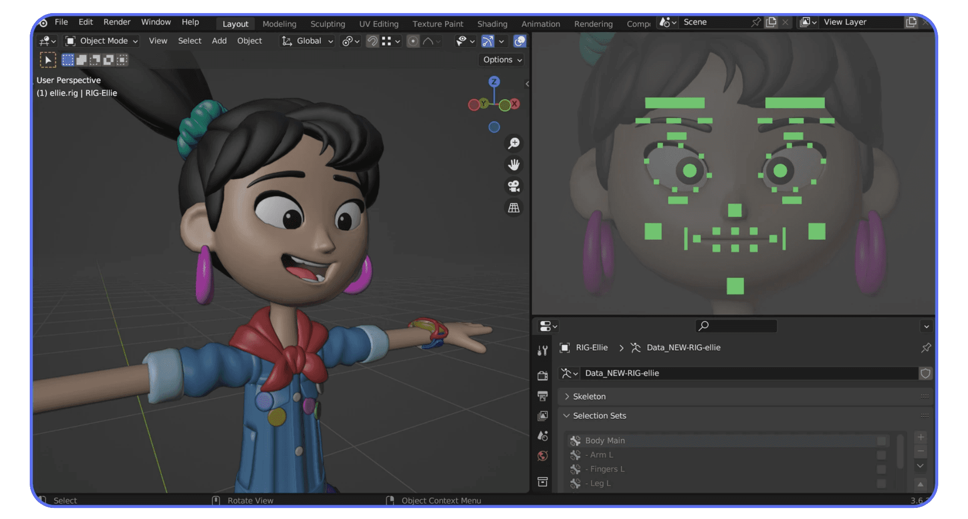 Blender interface featuring a stylized cartoon girl character rig named “Ellie,” with facial control points highlighted on the right side for animation setup.
