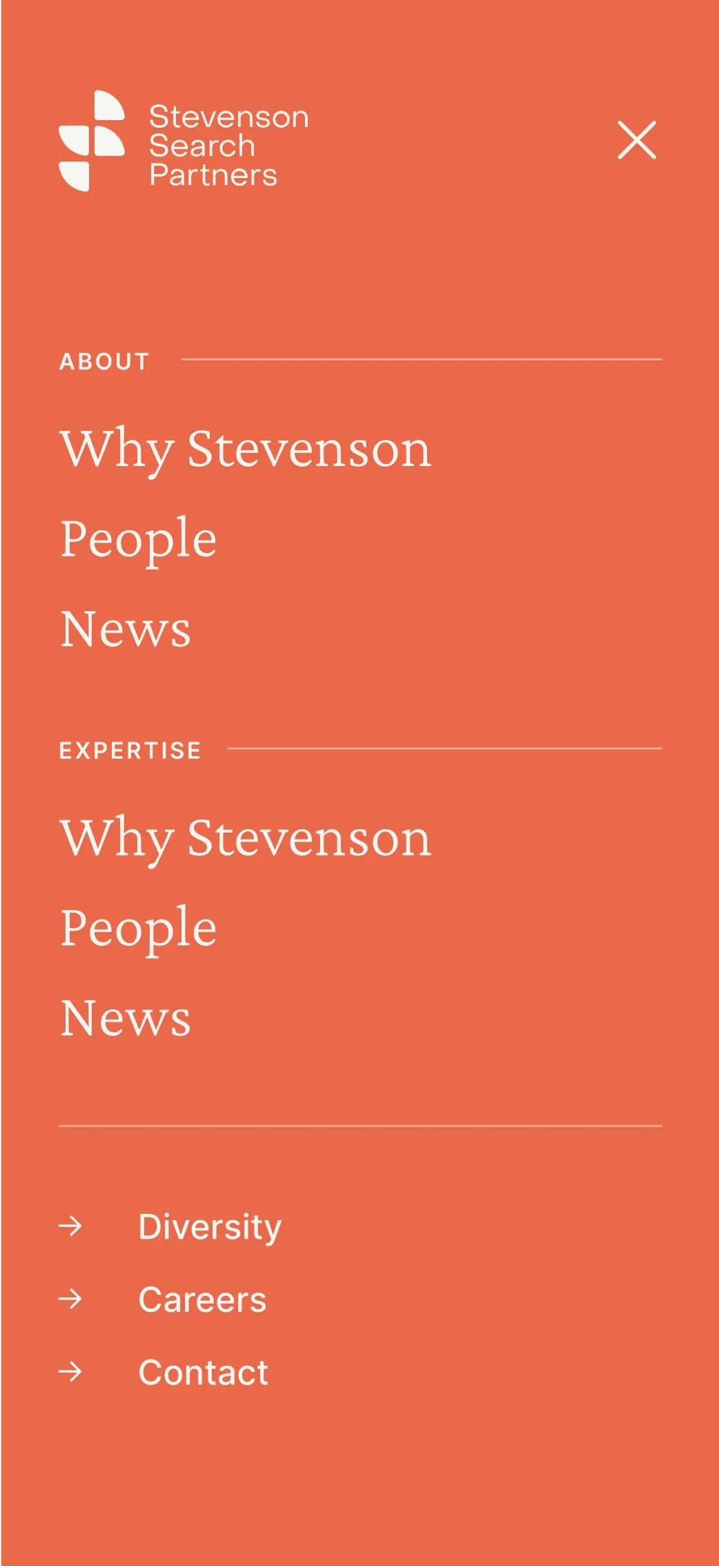 Stevenson Search Partners mobile website design – menu