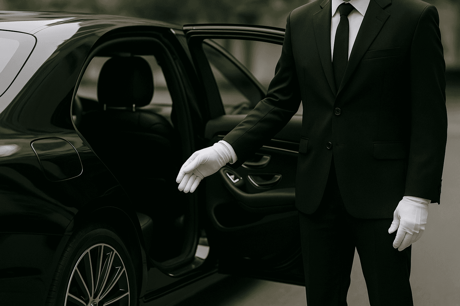 A professional chauffeur in a black suit and white gloves opening the door of a luxury black car for a passenger.