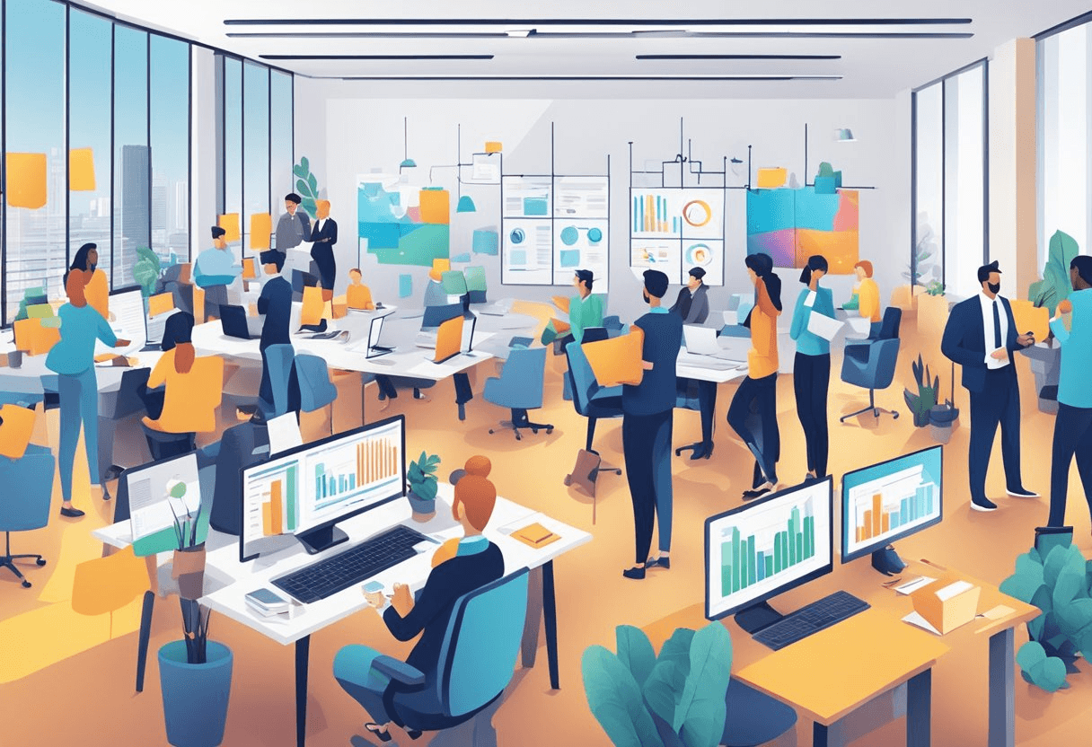 A busy office with HR and recruitment professionals strategizing and brainstorming on candidate sourcing for 2024. Charts, graphs, and laptops are scattered around the room as the team collaborates