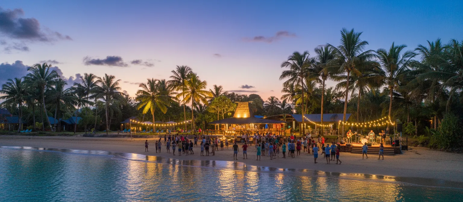 Uprising Beach Resort. Guests enjoy a lively evening on the beachfront with a band, beach bar, and festive lights at dusk.