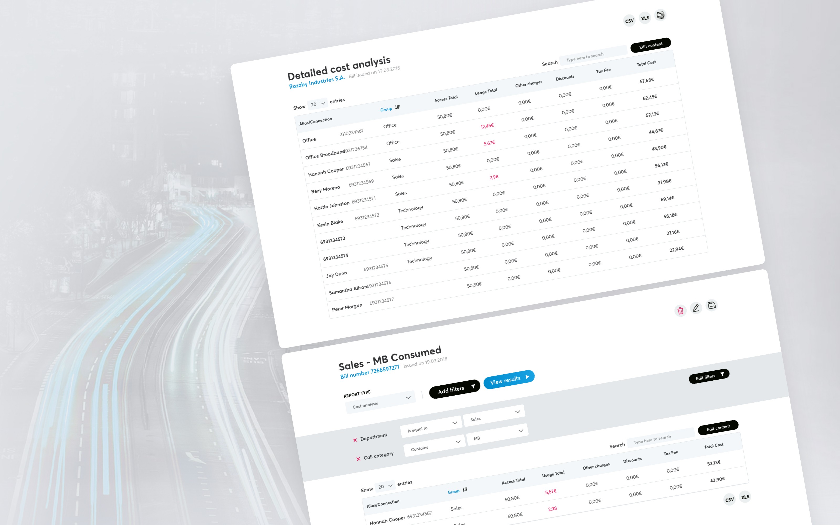 NOVA customer portal showing detailed cost analysis and usage breakdown