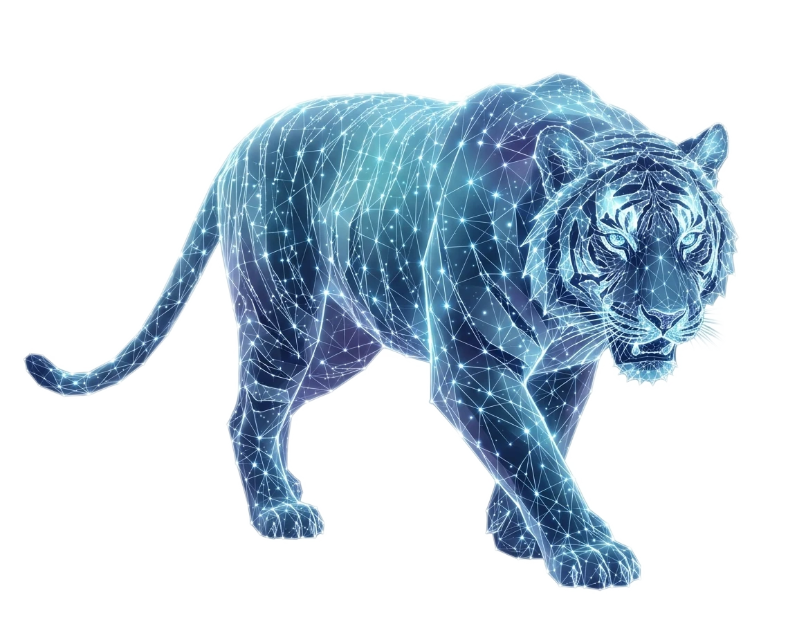 Tigre majestueux en hologramme, composé de lignes lumineuses bleues et violettes connectées, avançant avec puissance.
