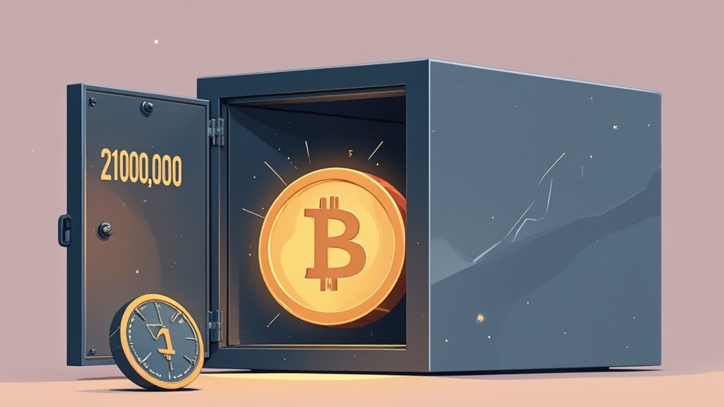 An open safe reveals a glowing Bitcoin, with '21,000,000' on the door, symbolizing its limited supply.