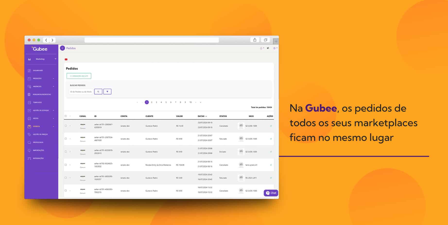Na Gubee, os pedidos de todos os seus marketplaces ficam no mesmo lugar