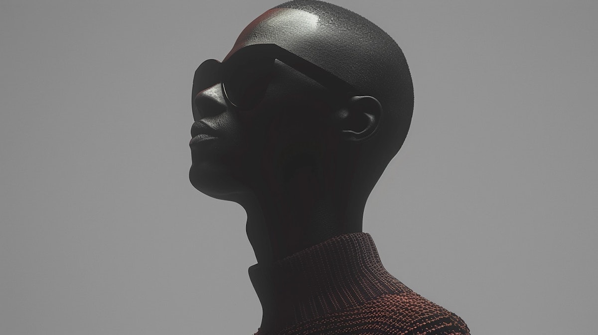 A side profile of a black sculptural head, showcasing a smooth surface and abstract features.