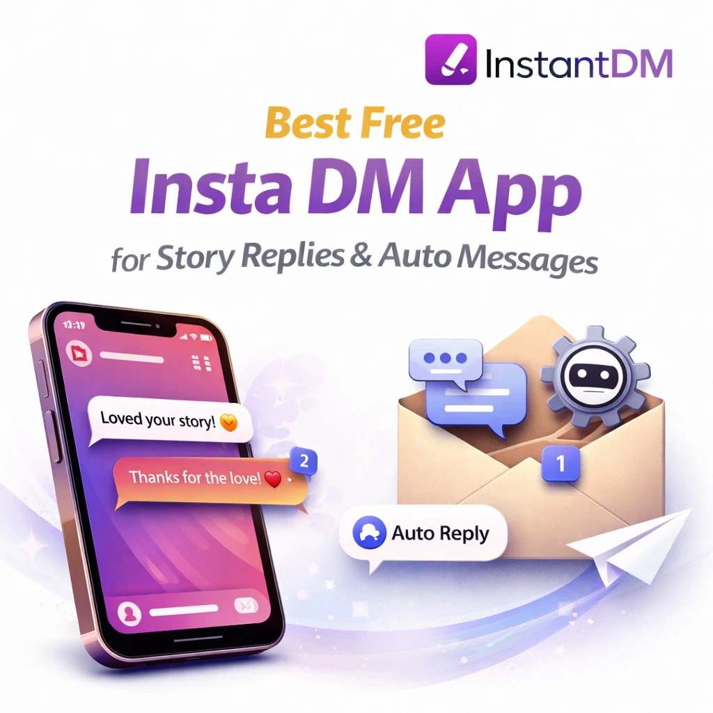 Professional blog cover image showing the Best Free Insta DM App for Story Replies and Auto Messages, featuring a clean white background, a smartphone with Instagram DM conversation, automated reply illustration, and the official InstantDM logo.