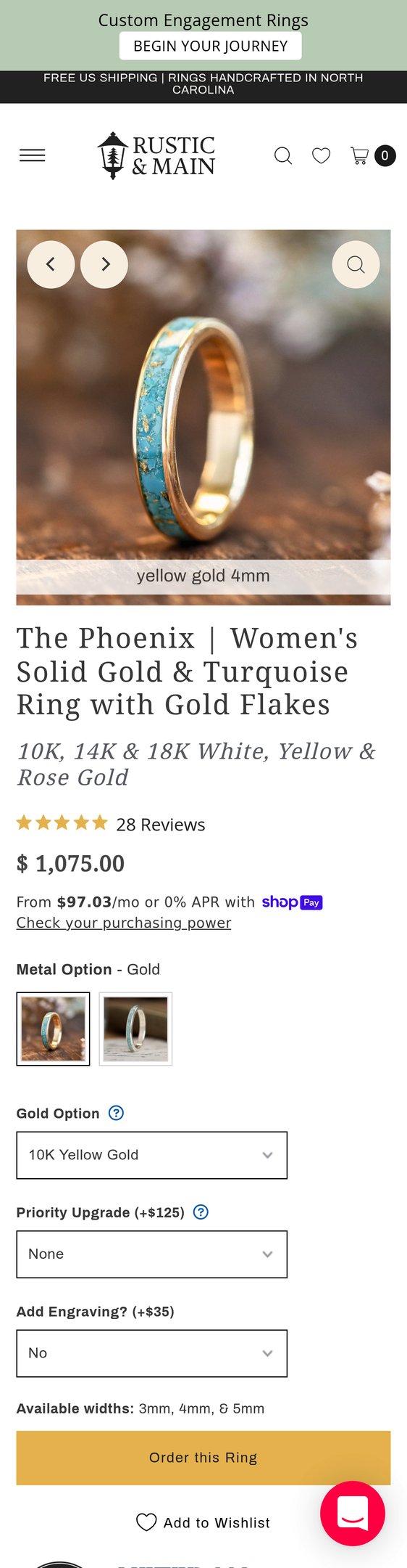 Jewelry product options include: ring for The Phoenix - Women's Solid Gold & Turquoise Ring with Gold Flakes from Rustic and Main.