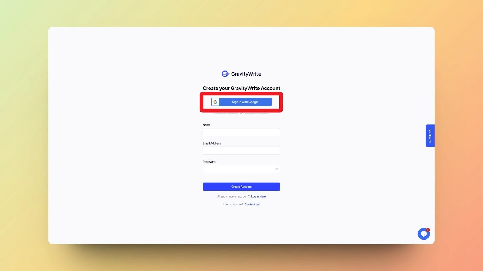 A snapshot of the GravityWrite account creation page, highlighting the "Sign in with Google" option for easy and quick account setup.