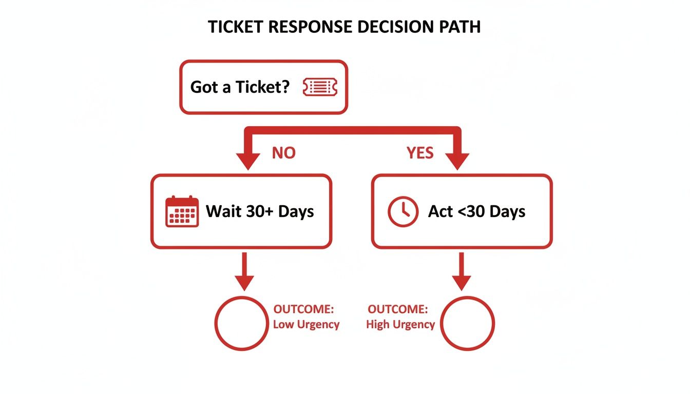 Decision path flowchart for ticket response, detailing urgency based on ticket presence and action time.
