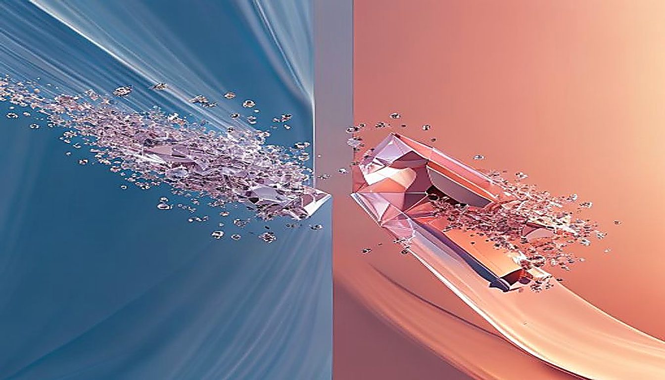 Two geometric forms, one fragmenting and one crystalline, showing how API product brand strategy separates invisible products from trusted ones.