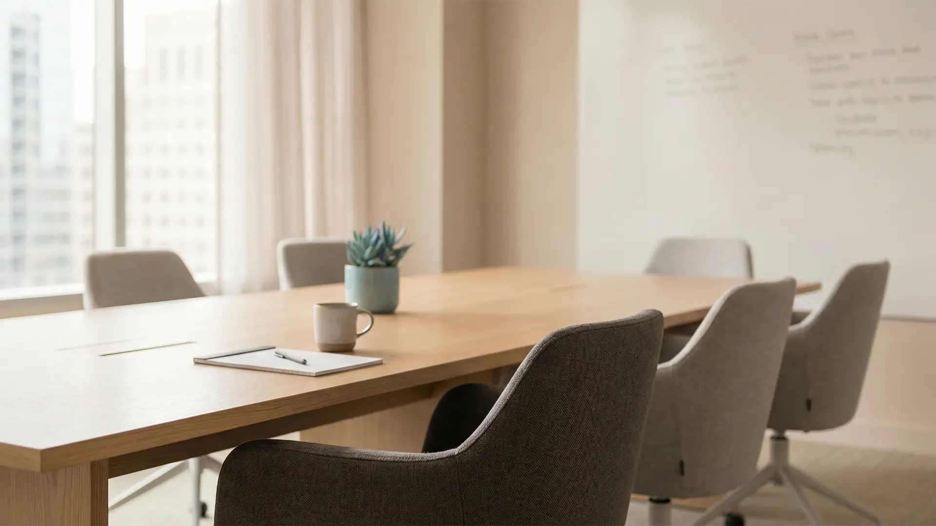 Prepared meeting table with upholstered chairs, a notebook and coffee cup in focus, and a softly blurred whiteboard in a calm, modern boardroom.