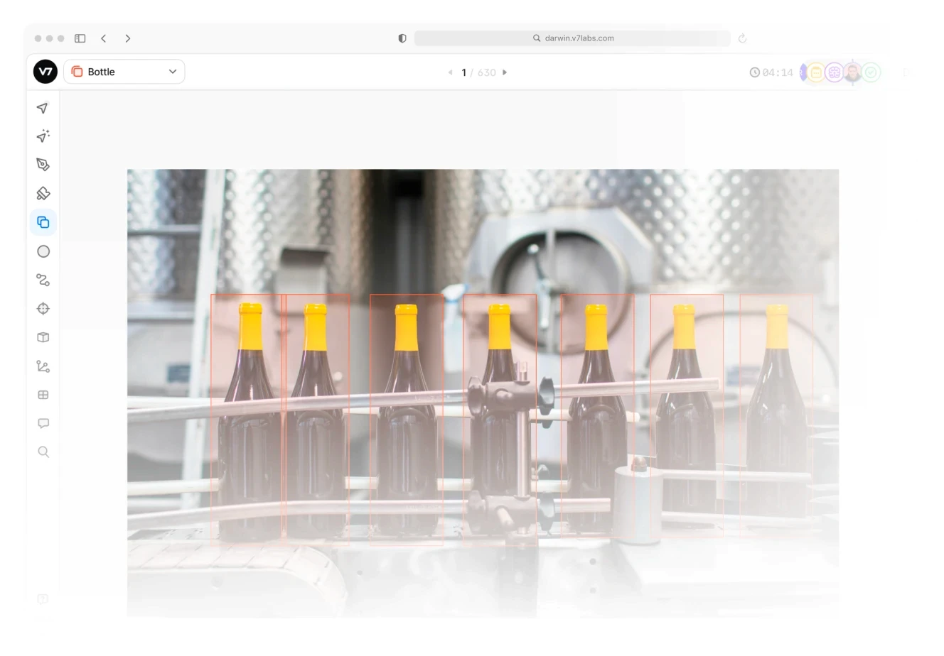 A quality control system analyzing wine bottles on a production line. Bounding boxes are drawn around each bottle, showing how the system detects and inspects the alignment and positioning of the bottles for defects.