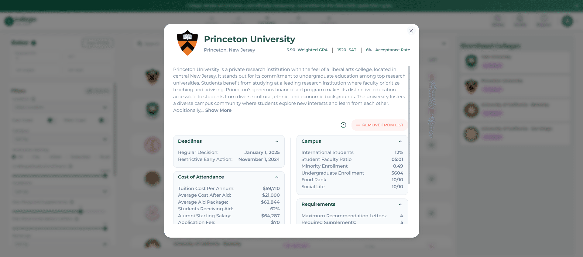 Snipshot of Kollegio's College Search Feature