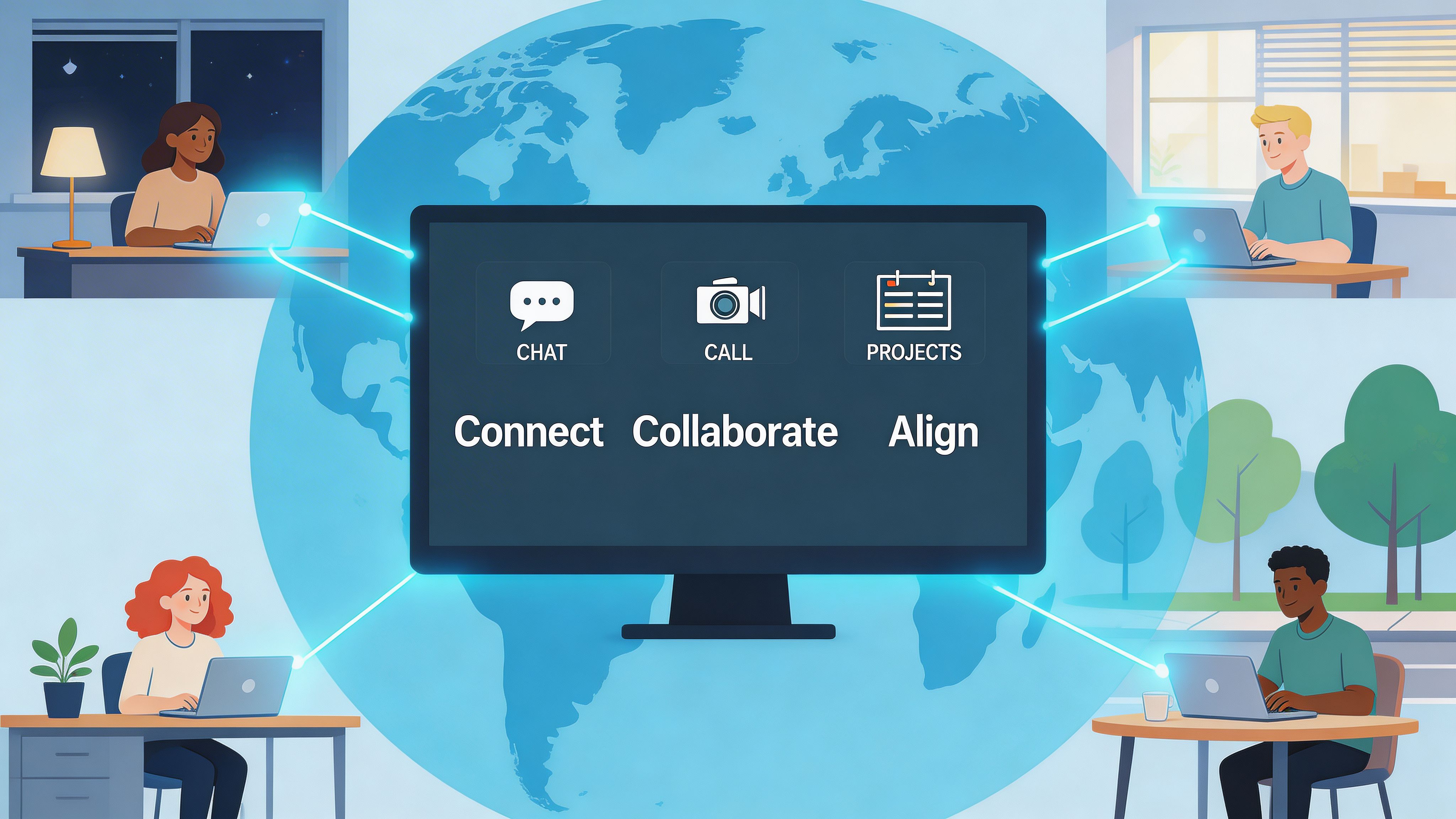 A diverse group of professionals working remotely on laptops, connected to a central digital dashboard for global collaboration.