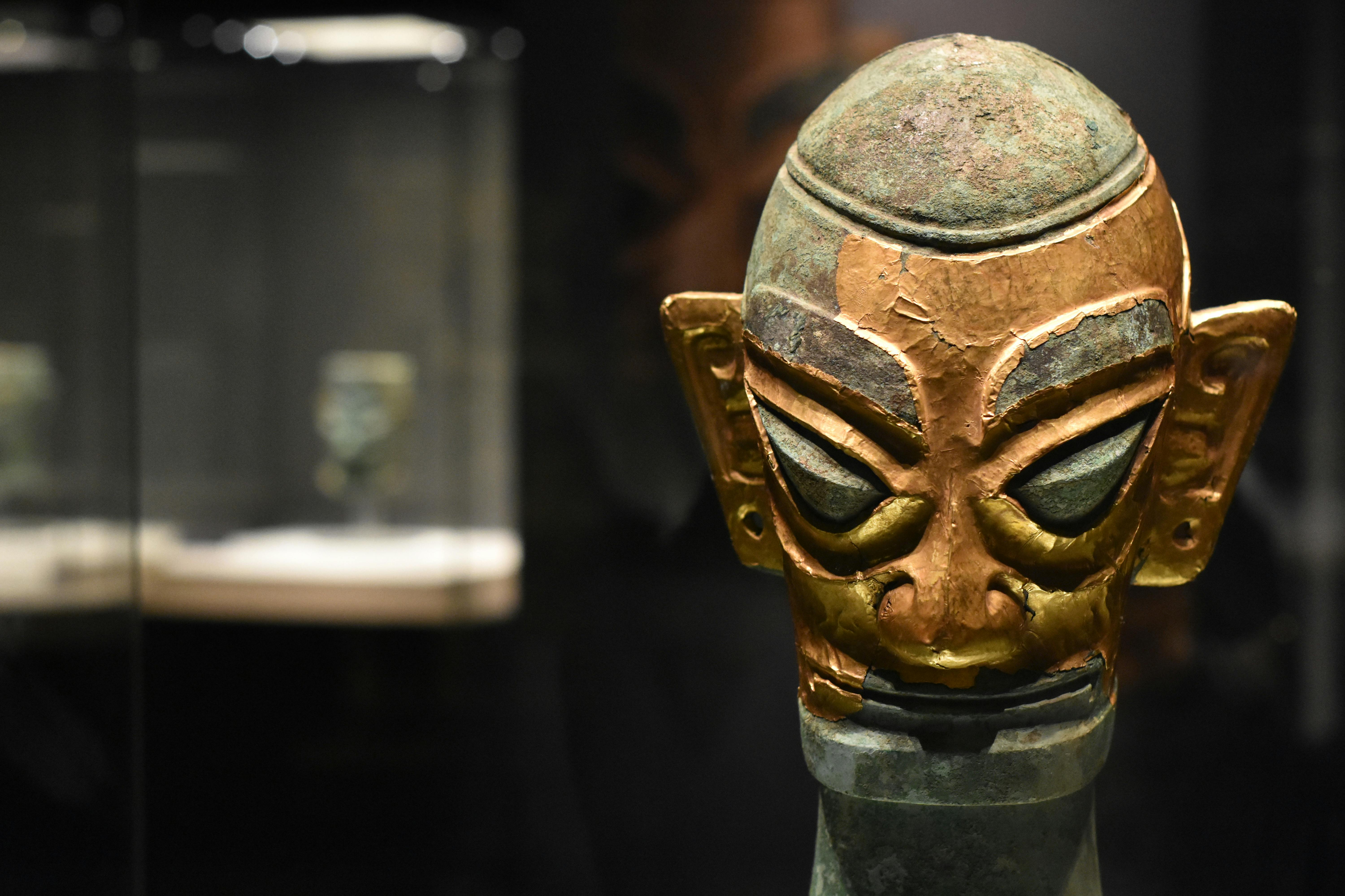 Bronze human head with gold foil at Sanxingdui
