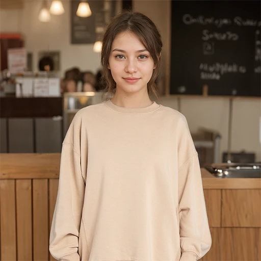 a girl in a cream crewneck stands at the counter of a coffee cafe, with a chalkboard behind her. AI Fashion Model. Modiqlo