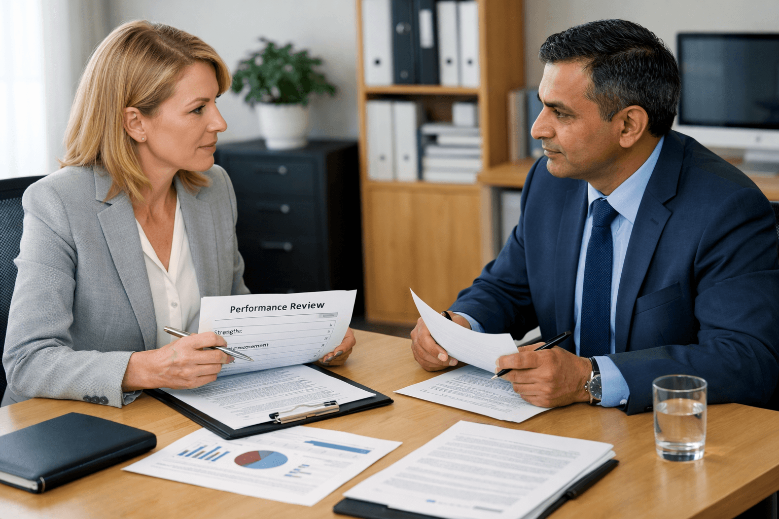 professional evaluation or review meeting, two people across a table with documents