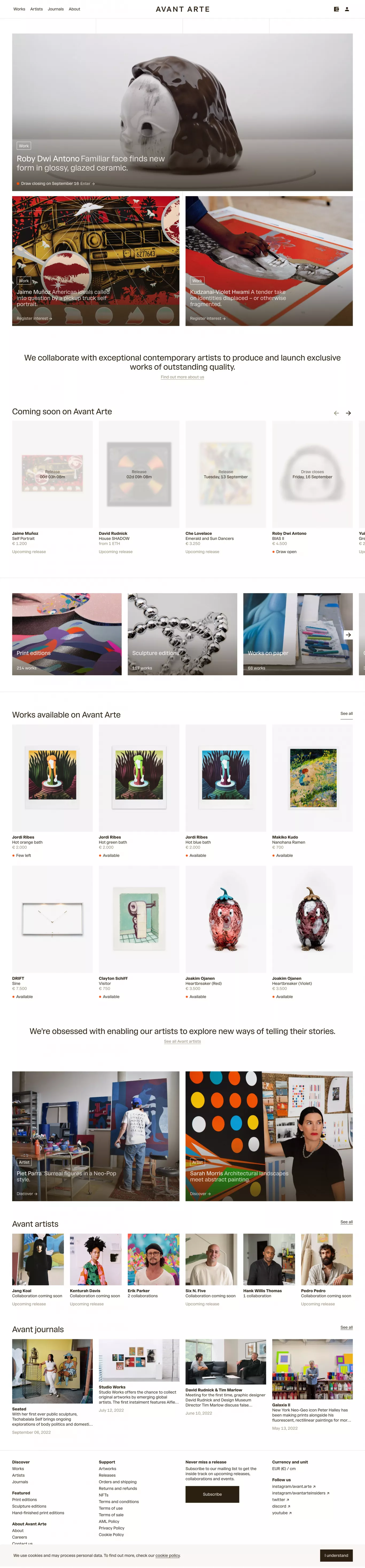 Avant Arte – discover and buy art in a r ecommerce page screenshot showcasing Design and Art design