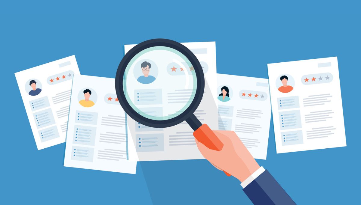 Illustration of a magnifying glass highlighting a resume with profile details, checkboxes, and star ratings.