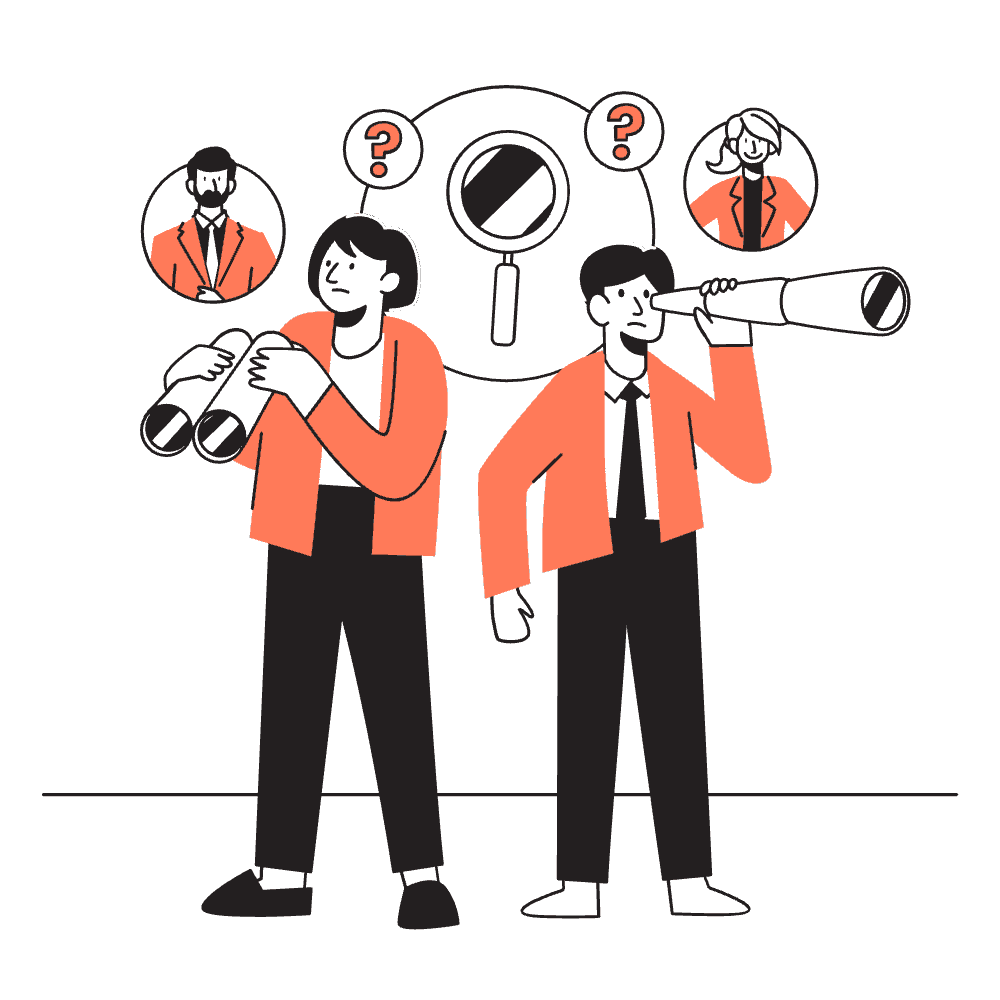 Illustration de deux commerciaux observant des prospects à la longue-vue et aux jumelles, symbolisant la recherche et la qualification de leads dans un modèle de lead scoring HubSpot.