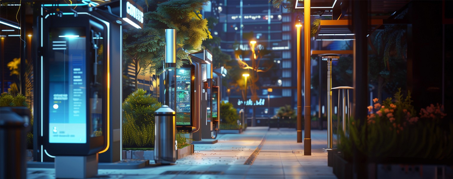 Touchscreen kiosks line the sidewalk outside of a smart city hotel.