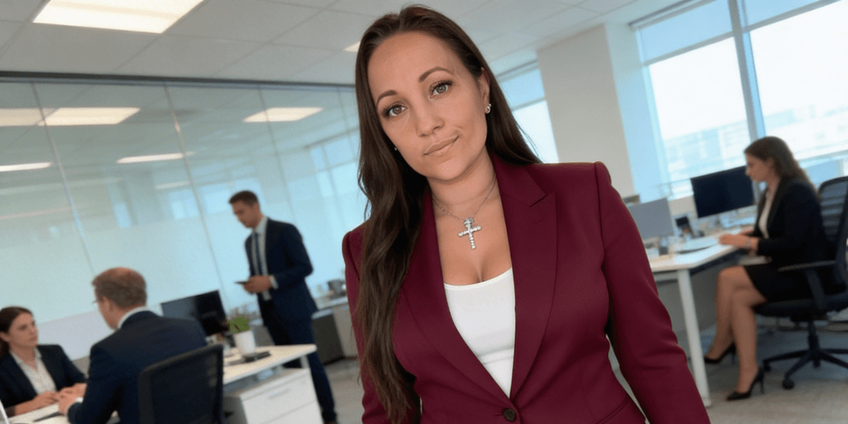 A confident woman in a maroon suit stands in a modern office. Colleagues work in the background, suggesting a professional, collaborative environment.