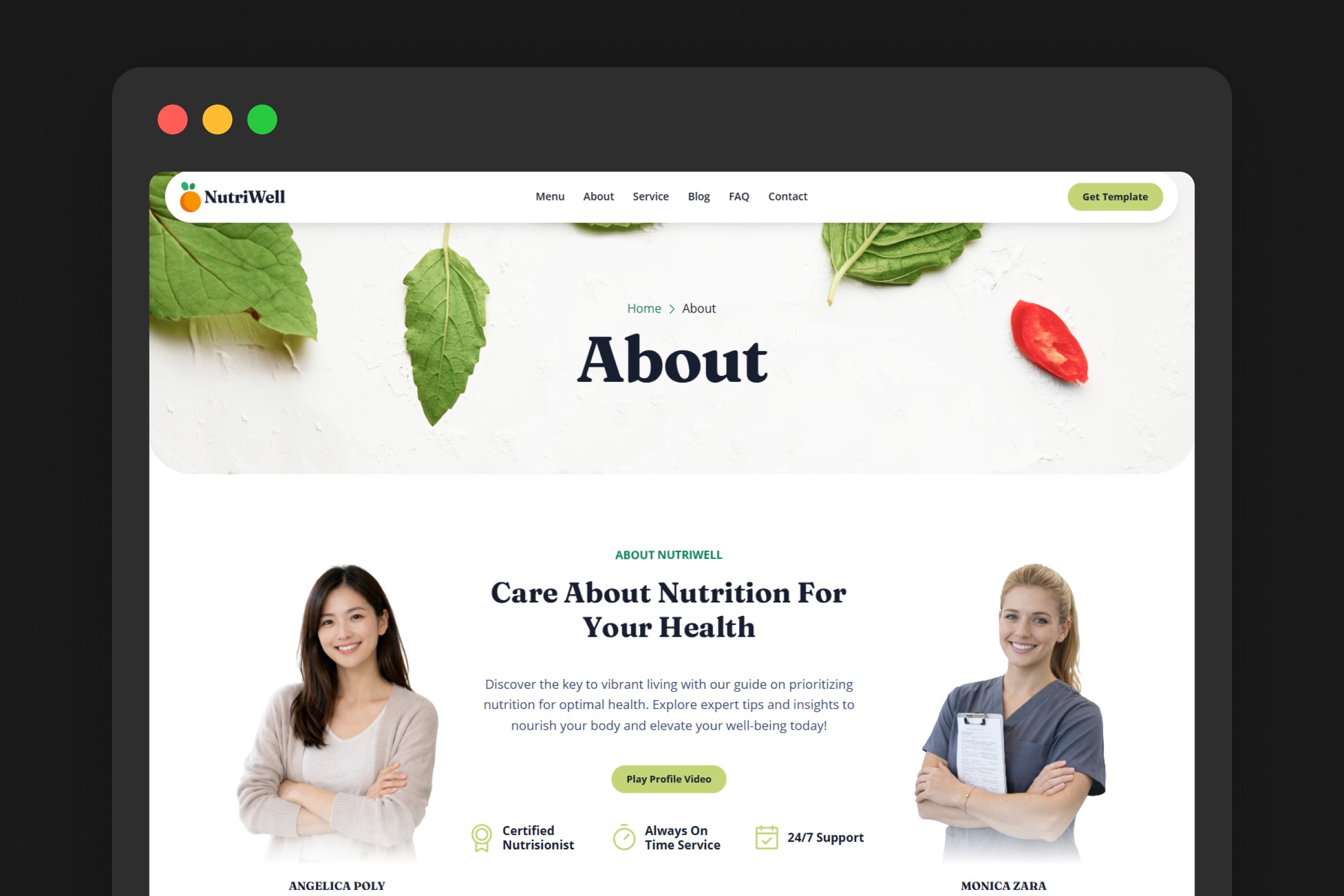 Nutriwell Framer template about page — light background, "Care About Nutrition For Your Health" headline, female nutritionist photo, clean professional design