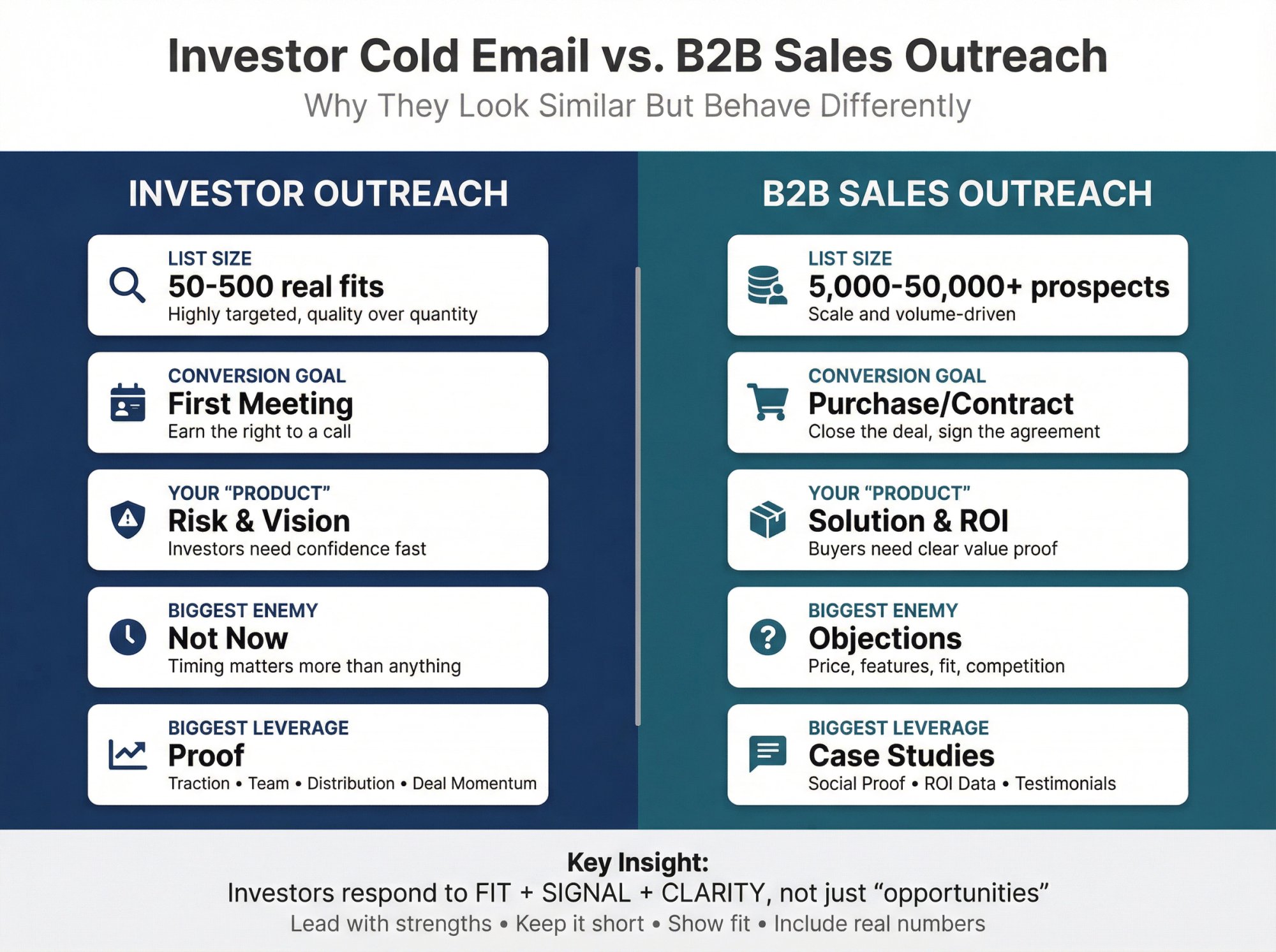 Split-screen comparison chart showing investor cold email versus B2B outreach key differences across list size, conversion goal, product type, and leverage factors