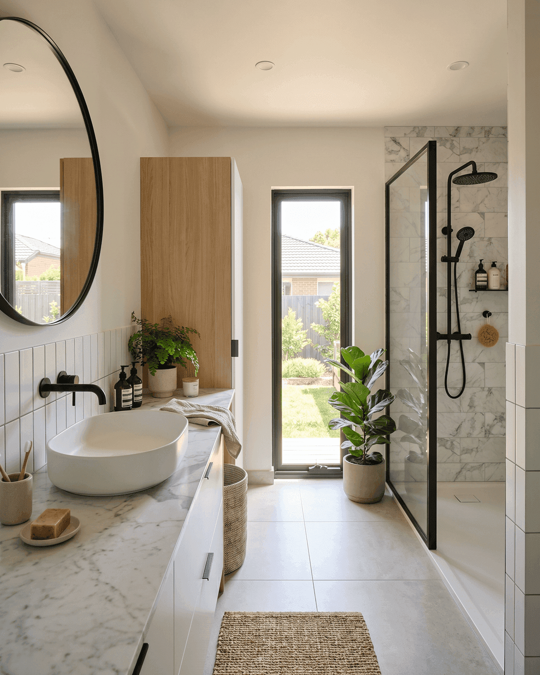 Linea House full bathroom with Vanity, walk-in shower, toilet and storage 