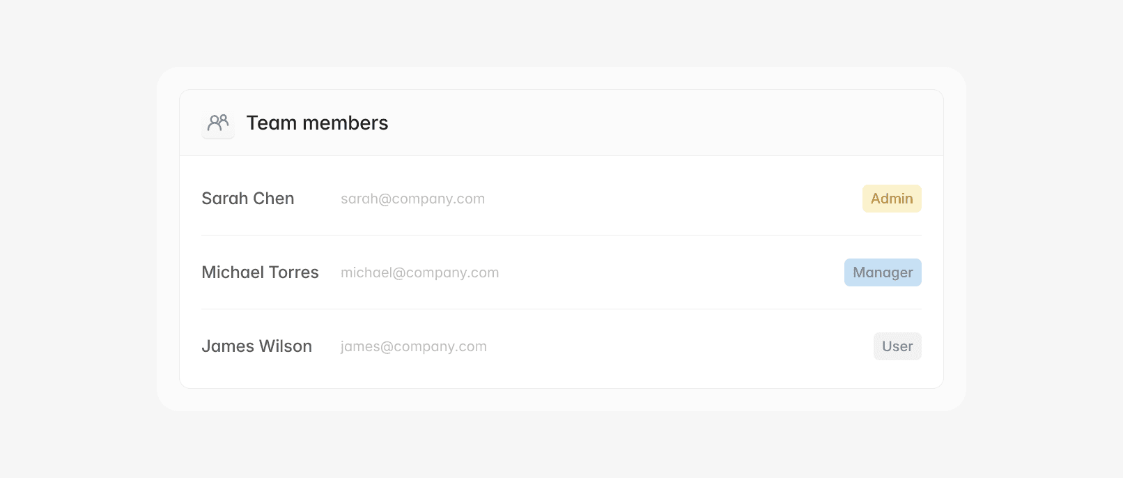 Team members list with Sarah, Michael, and James, showing their email addresses and status.