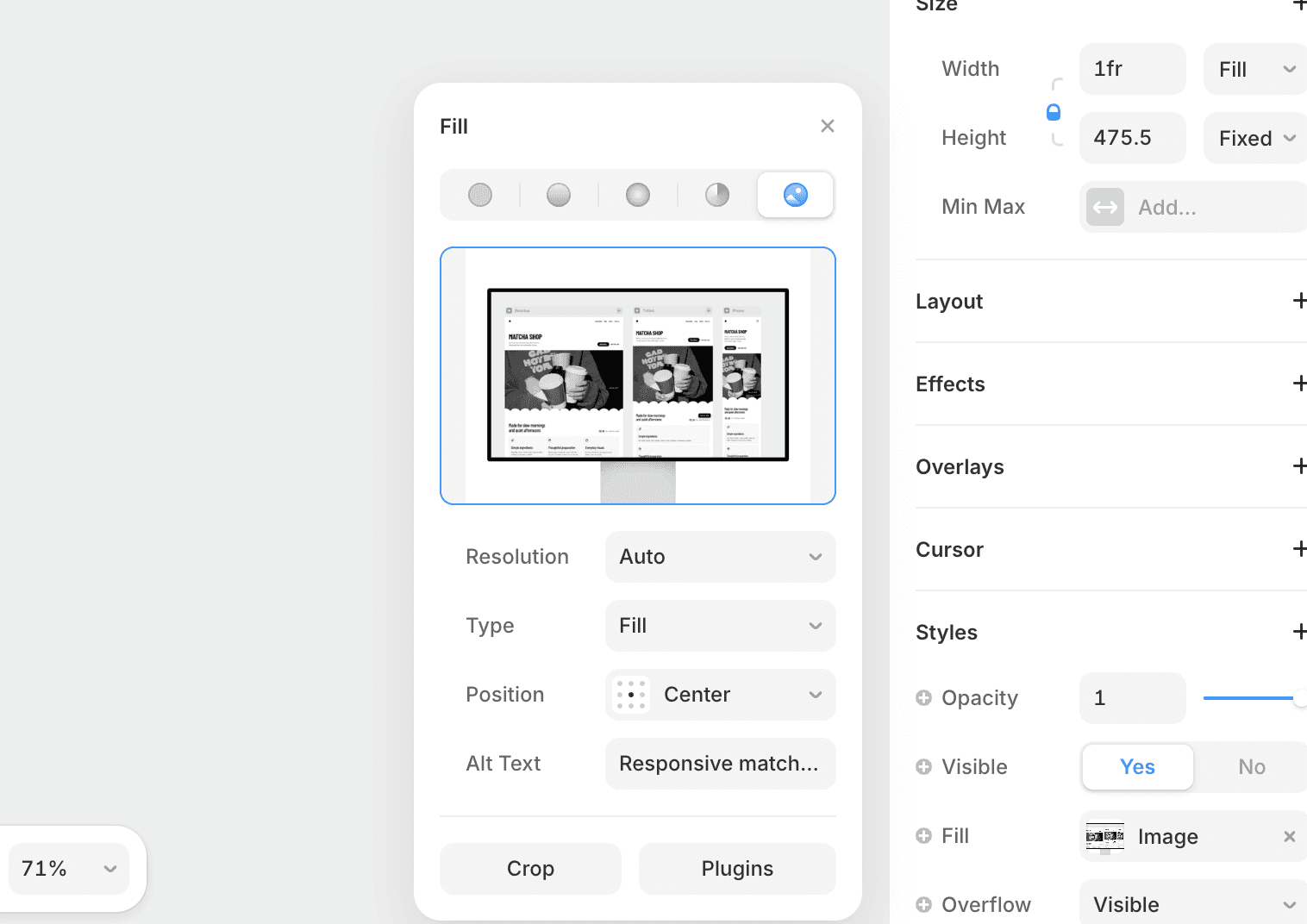 Framer image fill settings panel showing responsive website preview, image position, crop options, and alt text field for a template screenshot.
