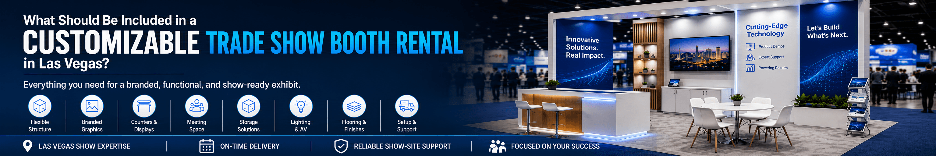 Early Las Vegas booth installation scene with floor marking, crate checks, structure staging, crew sequencing, power confirmation, graphics check, and punch-list control