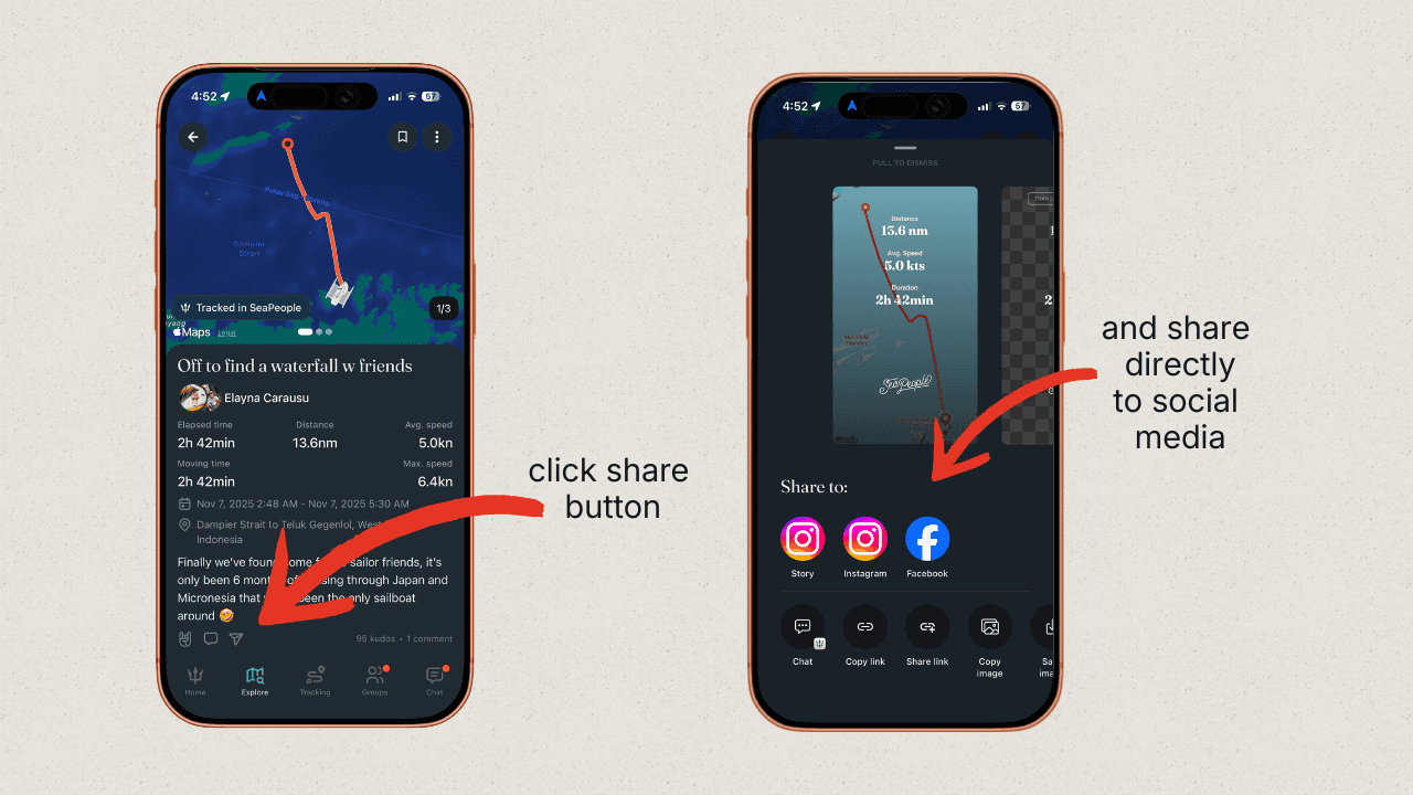 Sharing a SeaPeople Trip Card directly to social media platforms